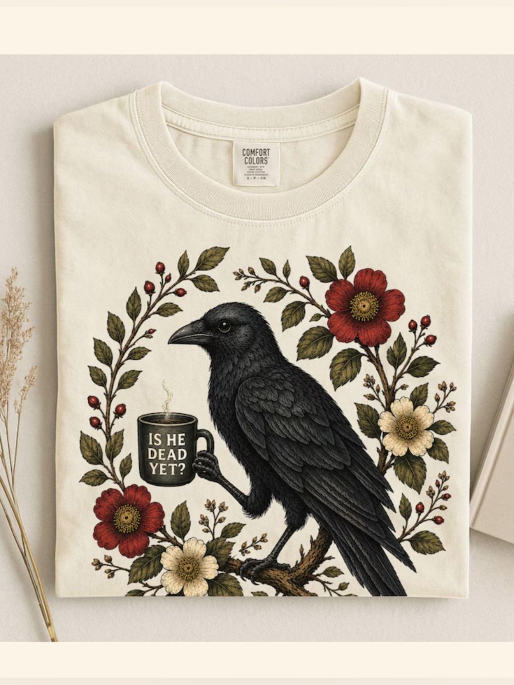 Comfort Colors Raven with Floral Mug Graphic Tee, Vintage Style
